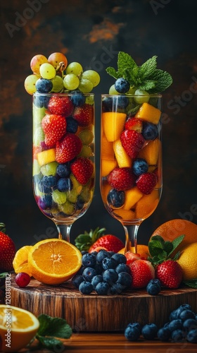 Fresh fruit salad with vibrant colors served in clear glasses on wooden board