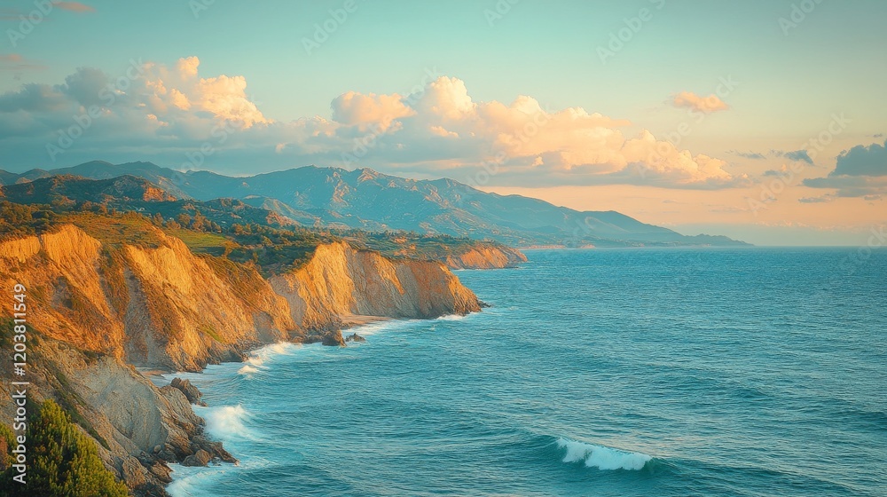 Obraz premium Serene Coastal Cliffs at Sunset with Rolling Waves and Distant Mountains