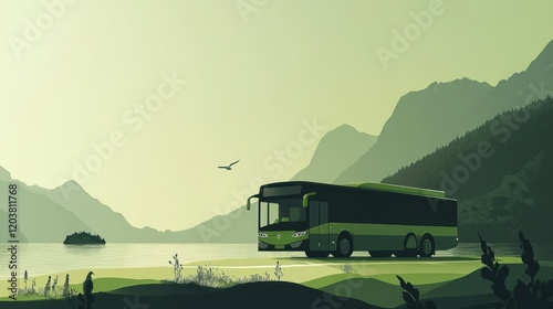 Scenic view of a green bus parked by a tranquil lake surrounded by mountains at dusk