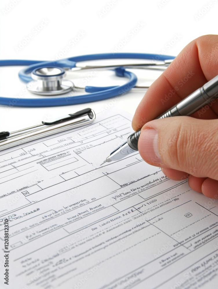 Hand filling out a medical form at a healthcare facility with a stethoscope in the background during daytime. Generative AI Hand filling out a medical form at a healthcare facility with a stethoscope in the background during daytime. Generative AI