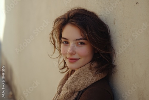 Beautiful young woman smiling while leaning against a wall in a serene outdoo...