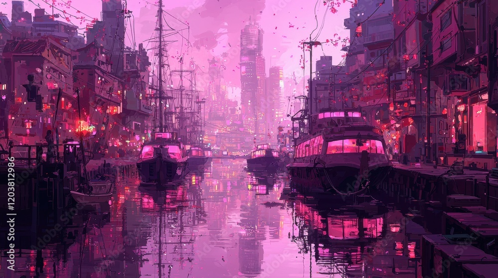 Obraz premium A cyberpunk harbor bustling with glowing hovercraft and radiant cargo cranes. The vibrant city skyline looms in the background, reflecting off the water’s surface, which shimmers with the colors 