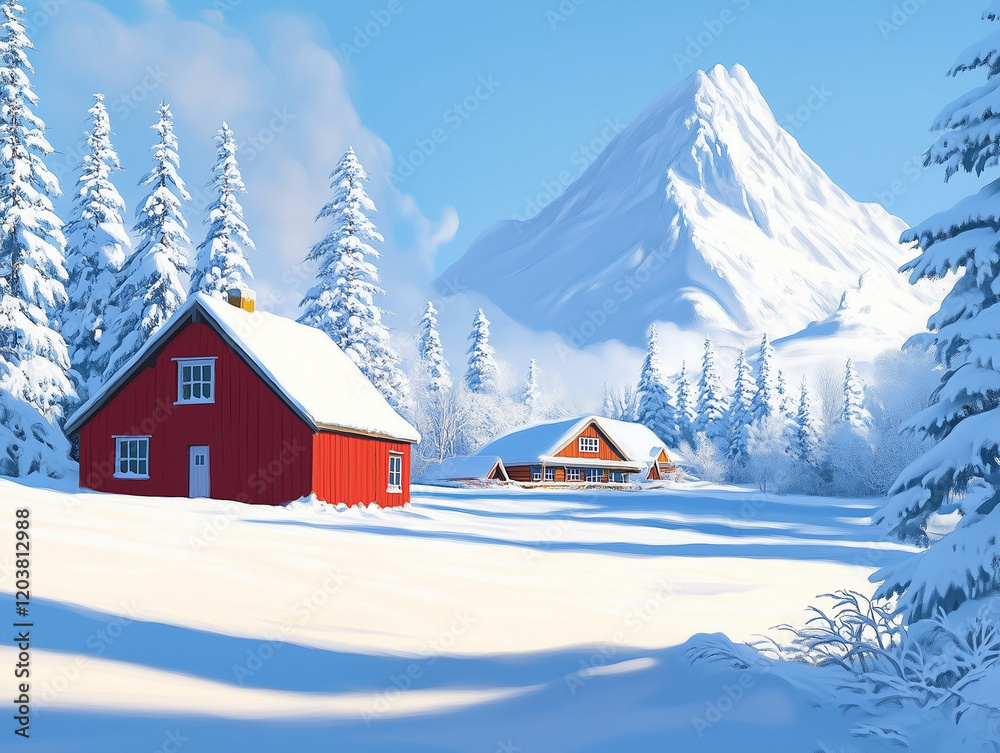 Naklejka premium A red house sits alone in a deep blanket of snow, surrounded by snow-covered chalets and bare, frost-covered trees