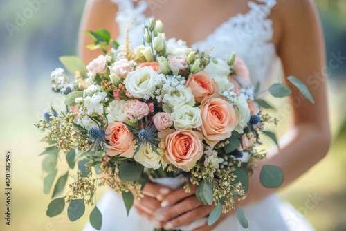 Elegant bride holding a vibrant bouquet in a soft floral setting during daytime