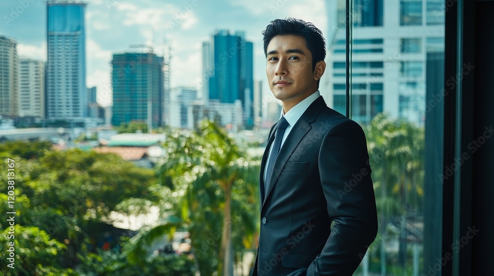 Successful Thai Businessman Admiring Tropical City View Through Glass Window in Sharp Suit Successful Thai Businessman Admiring Tropical City View Through Glass Window in Sharp Suit