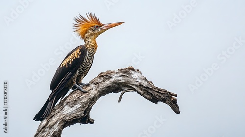 A tropical bird perched on the last remaining branch of a dying tree in a deforested area.