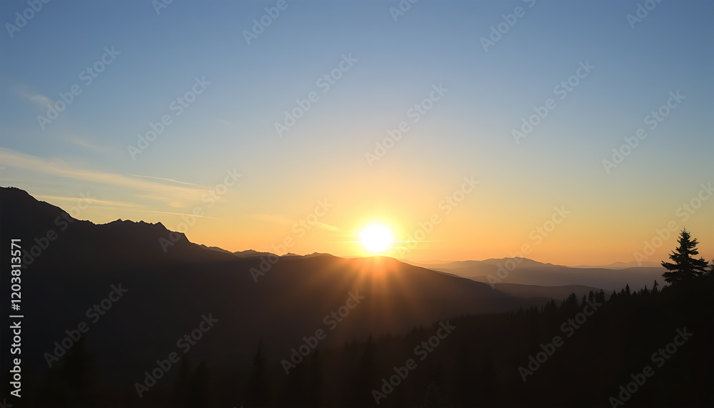 Obraz premium Majestic Mountain Sunset Golden Hour Silhouette Landscape View