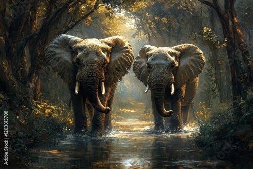 Two elephants standing in a lush green forest during early morning light