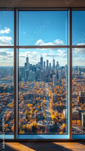 City skyline viewed from high vantage point reveals urban complexity and gree...