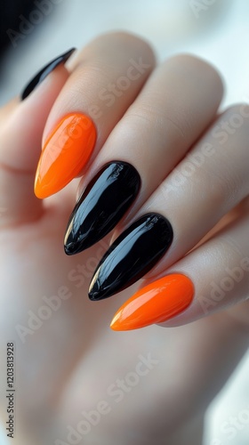 Elegant black and orange nail art with pointed tips displayed outdoors under ...