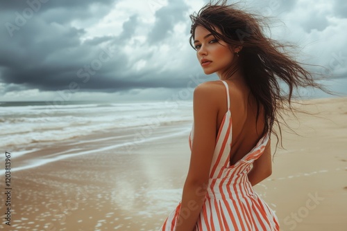 Woman in a striped dress stands by the beach with dark clouds overhead
