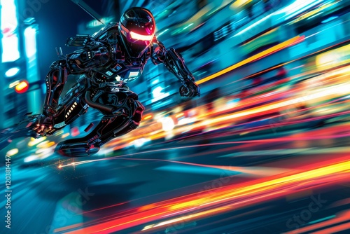 Futuristic police robot pursuit in a neon cityscape photo