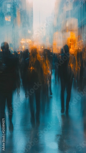 Crowd moving through city streets on a rainy day with blurred backgrounds and...