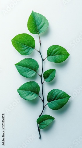 Lush green leaves arranged artistically on a pale background showcasing natur...