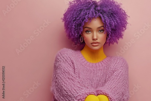 Young woman with purple hair wearing a pink sweater and yellow pants sitting ...