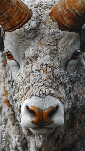 Unique close-up of a textured ram's face with prominent horns displaying rema...