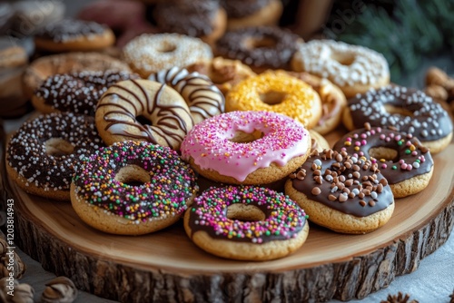 Various decorated cookies arranged on a wooden platter during a festive gathe...