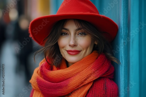 Woman in a red hat and orange scarf smiles confidently in a bustling city set...