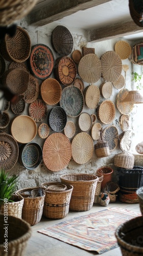 Beautifully arranged woven baskets on display in a cozy interior setting