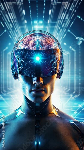 Futuristic man with a digital brain, perfect for themes related to AI, machine learning, and advanced computing in education and tech sectors. IT, cyberspace, computer data transfer.