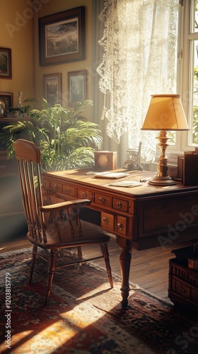 Warm sunlight streams through a window illuminating a vintage wooden desk in ...