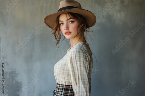 Stylish summer outfit on model with a trendy hat against a vibrant blue backg...