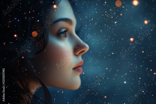 Young woman gazing upward at a starry night sky captured in a dreamy atmosphere