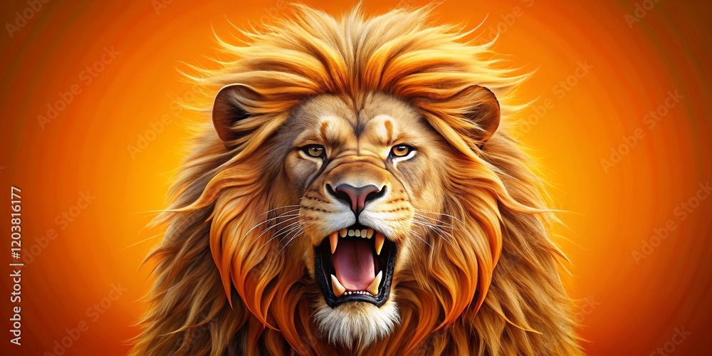 Obraz premium Majestic Lion Roar: Vibrant Orange Background Stock Photo