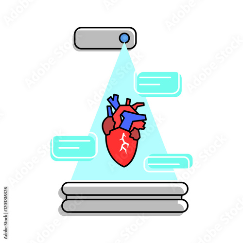 AR educational tool, 3D human heart projected from device with blue light. Relevant for medical and biological studies, demonstrating the use of AR in learning environments.