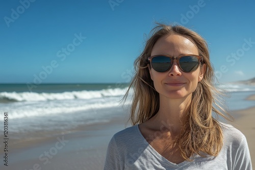 Relaxing by the ocean, a woman enjoys the sunny beach atmosphere with sunglas...