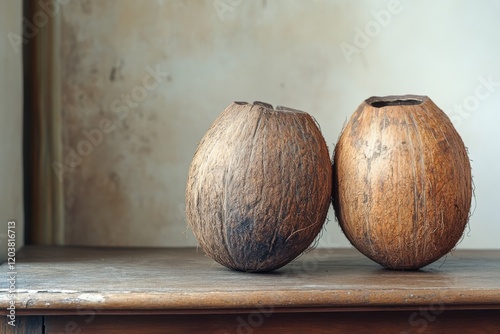 Two decorative coconut shells displayed on a wooden table in a calm indoor se...