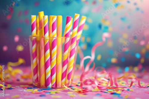 Bright striped straws arranged on a pink background with colorful confetti fo...