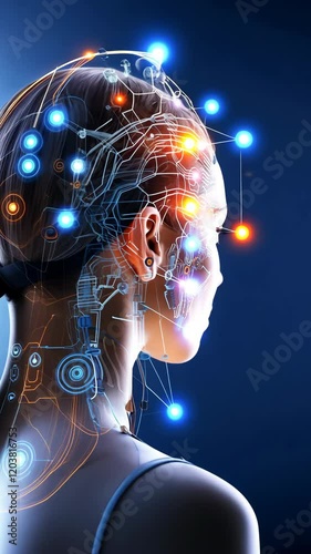Woman with a visible cybernetic brain, ideal for content on AI, innovation, cybernetics, and the fusion of technology with humanity. IT, cyberspace, computer data transfer, VR.
