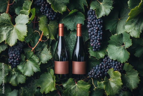 Bottles of wine surrounded by fresh grapes on green leaves creating a vibrant...