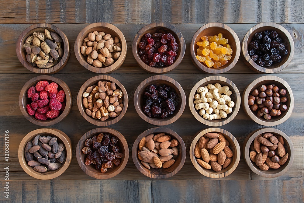 A Top-Down View of Assorted Organic Nuts and Dried Fruits. A Top-Down View of Assorted Organic Nuts and Dried Fruits.