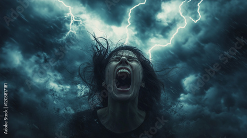 A person screaming in frustration in a dark, stormy landscape, with lightning flashing in the sky and wind whipping their hair.