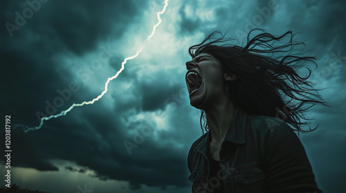 A person screaming in frustration in a dark, stormy landscape, with lightning flashing in the sky and wind whipping their hair.