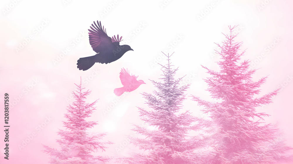 Fototapeta premium Birds flying, snowy forest, pink dawn, peace, design