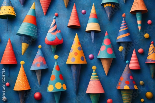 Colorful party hats displayed against a vibrant blue background for festive c...
