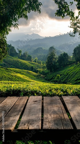 Scenic view of lush green tea plantation hills under a dramatic sky at sunset