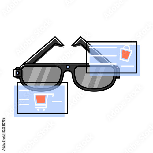 AR glasses with shopping interface. Transparent lenses display shopping cart icons and product images. Enhances shopping with real time info and visuals. Seamless blend of physical & digital worlds
