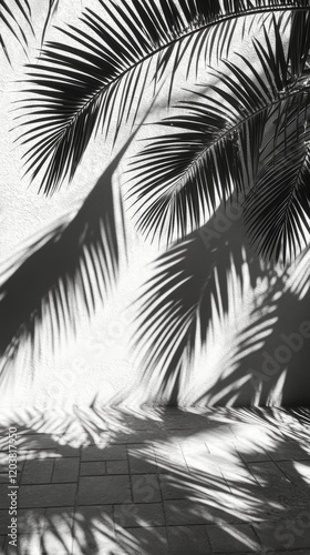 Silhouetted palm leaves against an aged wall creating a dramatic contrast dur...