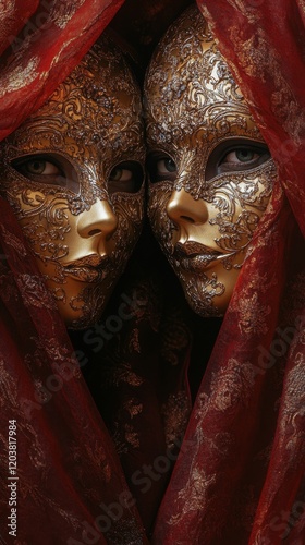 Elegant golden mask adorned with intricate patterns hidden behind flowing fabric