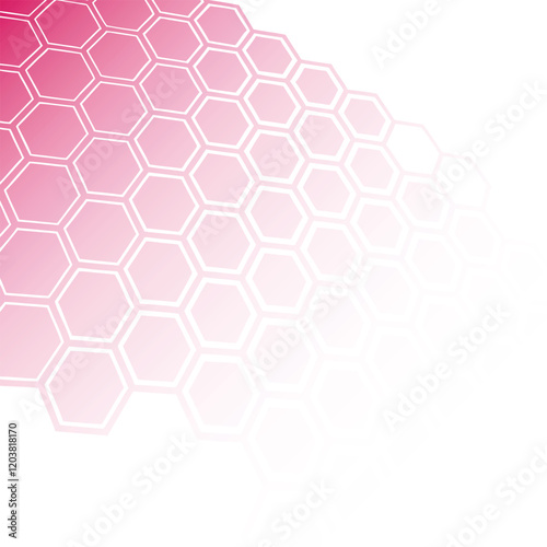 A modern, abstract background featuring a repeating pattern of pink hexagons with white outlines.