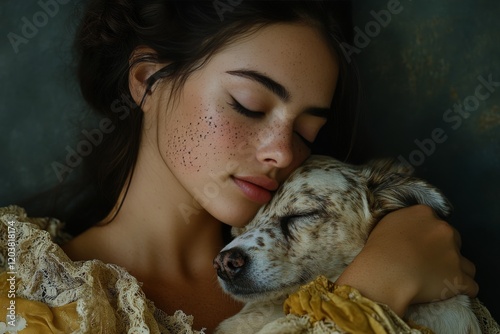 Girl cuddles with dog, sharing a warm moment outdoors during sunny day