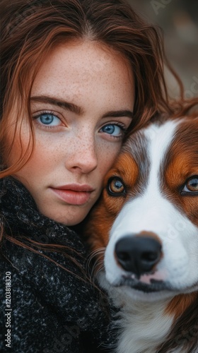 Young woman with freckled skin cuddling her golden retriever in a cozy settin...