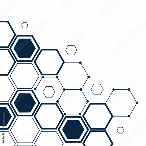 This modern graphic features a complex network of interconnected hexagons in shades of dark navy and white.