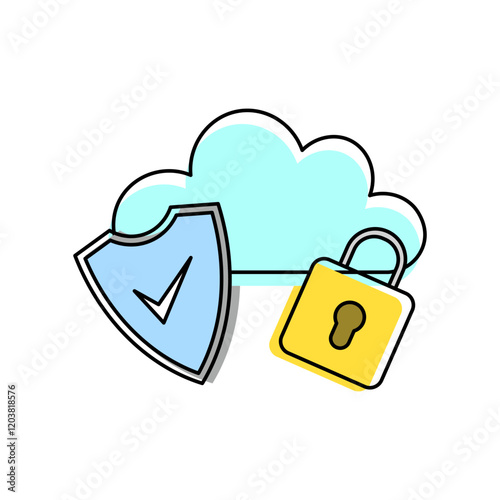 Concept representing cloud security, featuring a blue cloud, a shield with a check mark, and a yellow padlock. Symbolizes data protection and cybersecurity in a cloud computing environment.