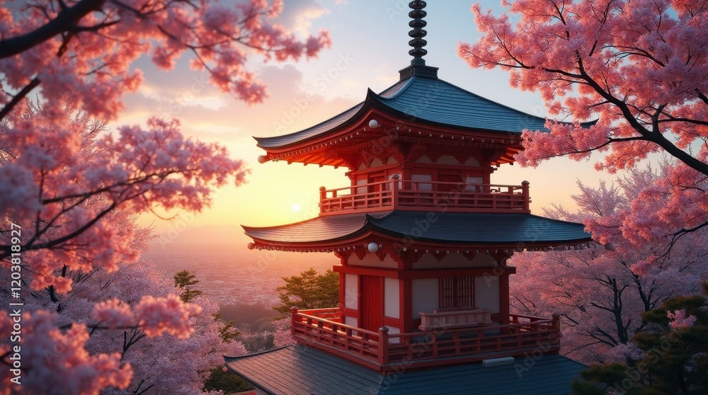 Wooden Japanese Pagoda Amidst Cherry Blossoms Wooden Japanese Pagoda Amidst Cherry Blossoms