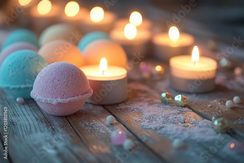 Colorful bath bombs and a glowing candle creating a relaxing ambiance in a co...